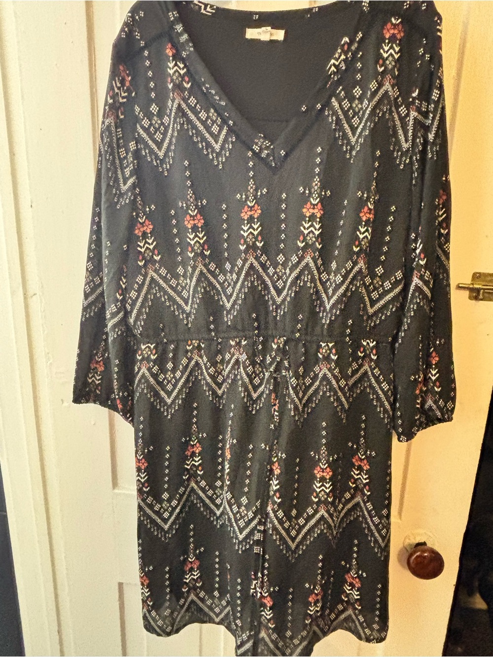 Maurices Black Long-Sleeve V-Neck Dress with Chevron Floral Motif